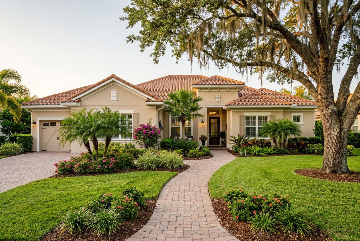 A well-kept single-story Central Florida home in warm afternoon light, with a paver walkway and tidy landscaping