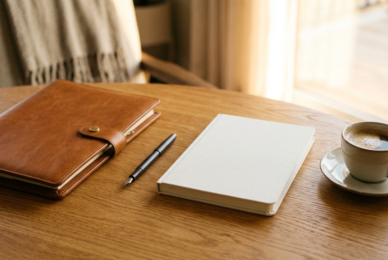 A leather portfolio, a pen and a cup of coffee on a wooden table in warm afternoon light