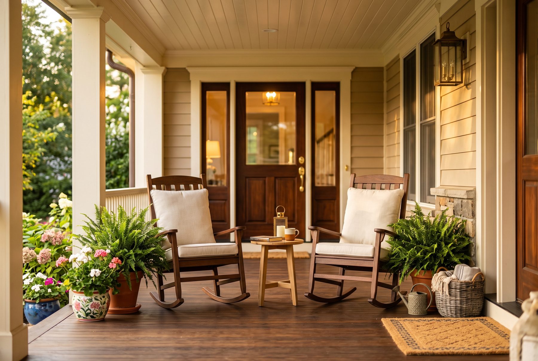 A welcoming covered front porch in warm afternoon light with two cushioned rocking chairs, potted ferns and flowers, and a classic wood front door