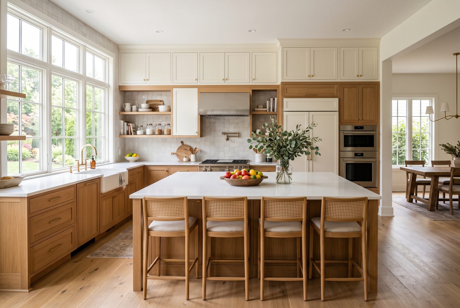 A bright, airy kitchen with an island, warm wood cabinetry and natural light in a well-kept home