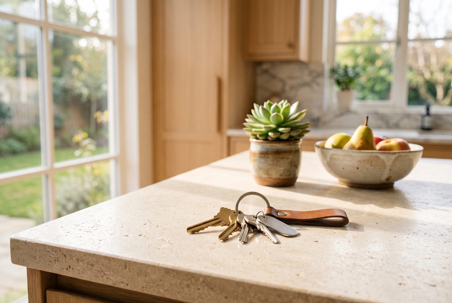 A set of house keys with a leather fob on a sunlit stone kitchen counter in a bright home