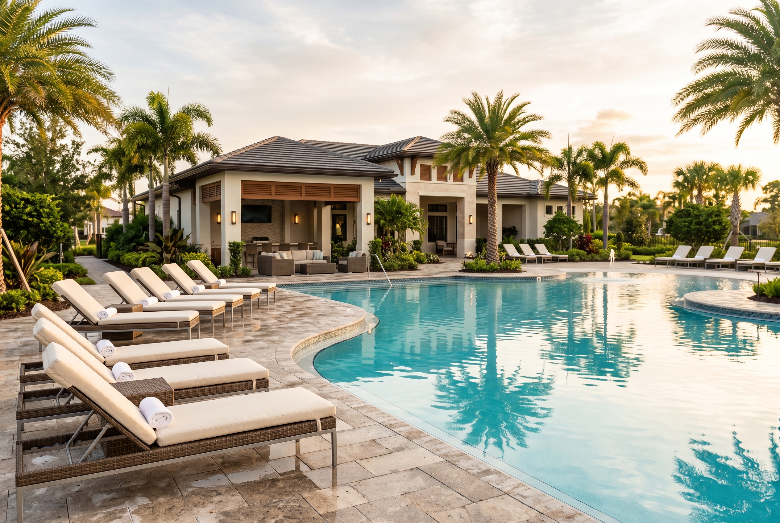 A resort-style community pool and clubhouse in a Florida master-planned neighborhood at dusk