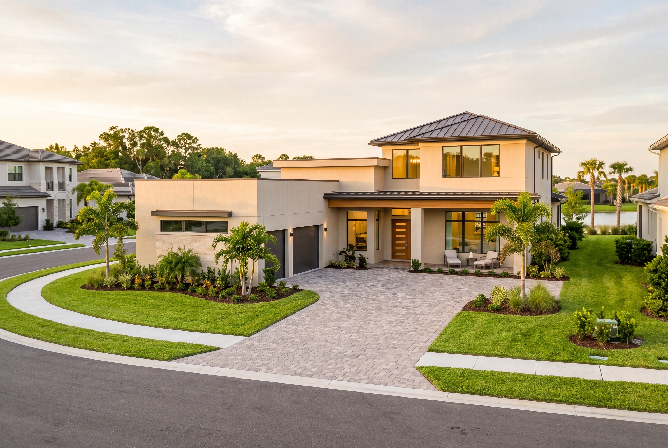 A modern, newly built Central Florida home in warm late-afternoon light