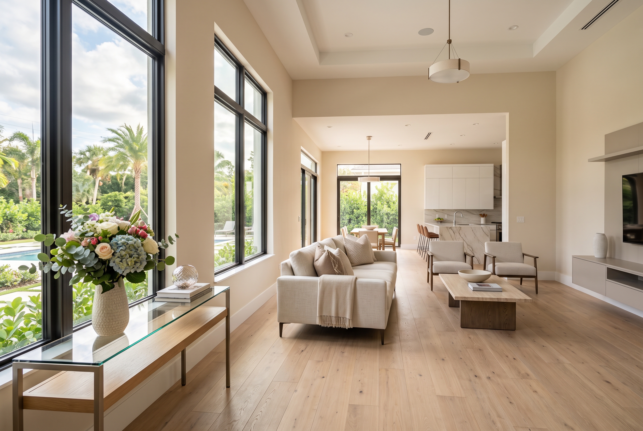 A bright, open-concept living room in a newly built Florida home, with tall windows and natural light