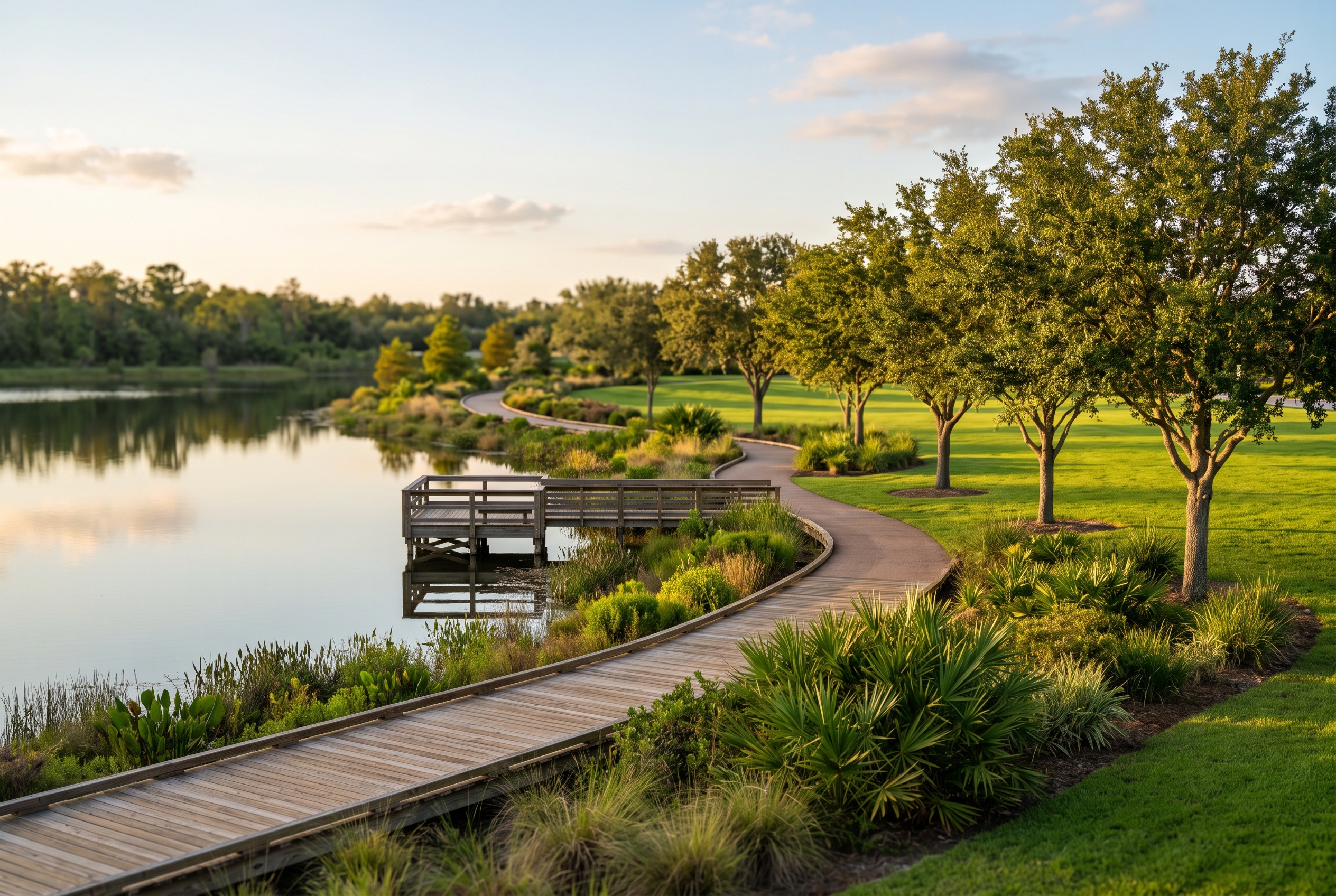 A boardwalk and walking trail beside a lake in a Florida master-planned community, with mature oak trees and open lawn