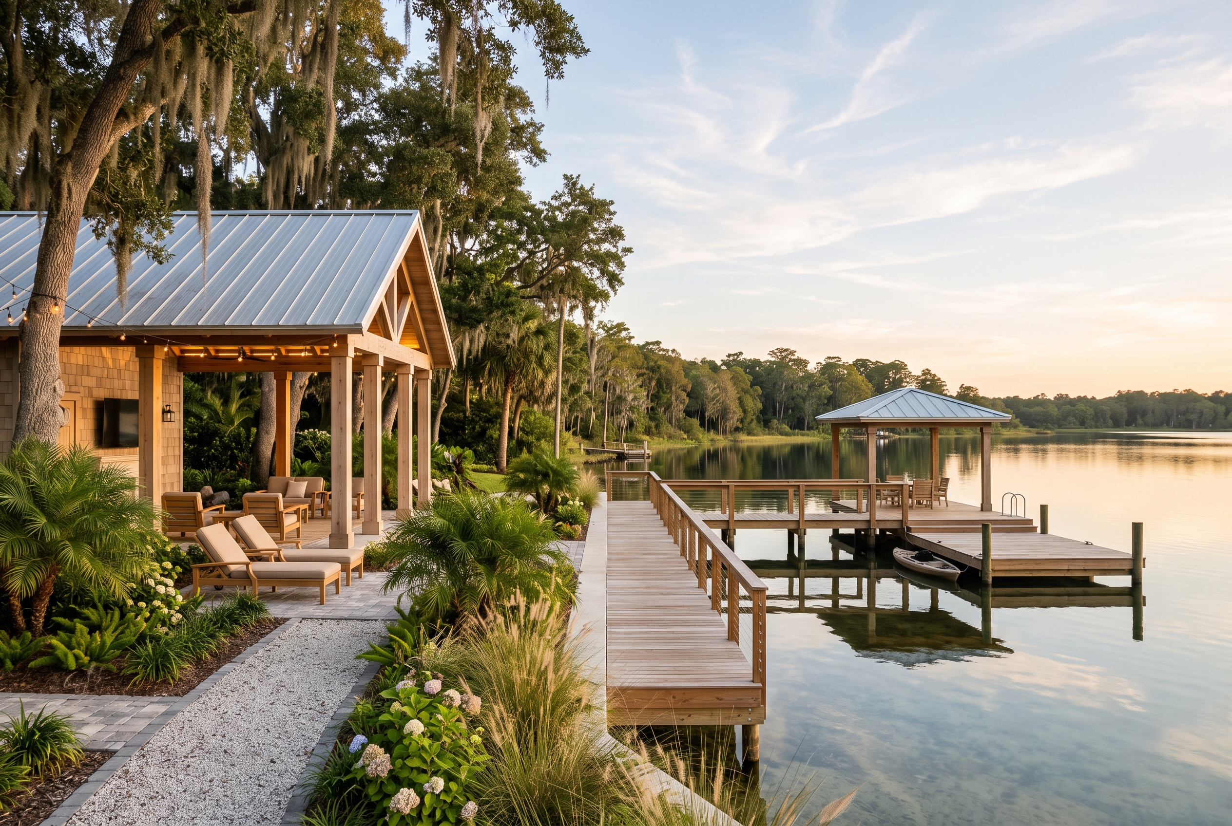 A community dock and cabana overlooking a calm Central Florida lake at golden hour