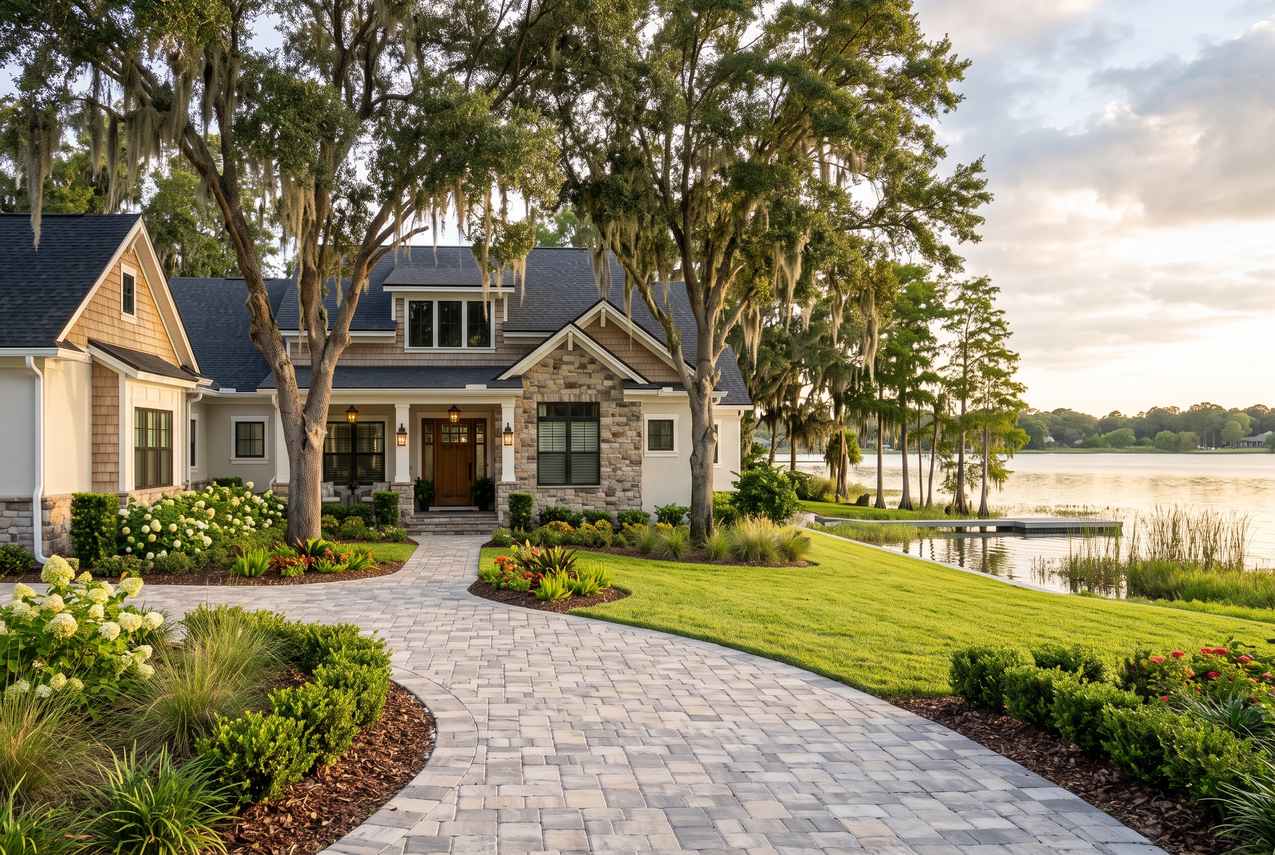 A handsome Central Florida home near a lake, with mature live oak trees and manicured landscaping