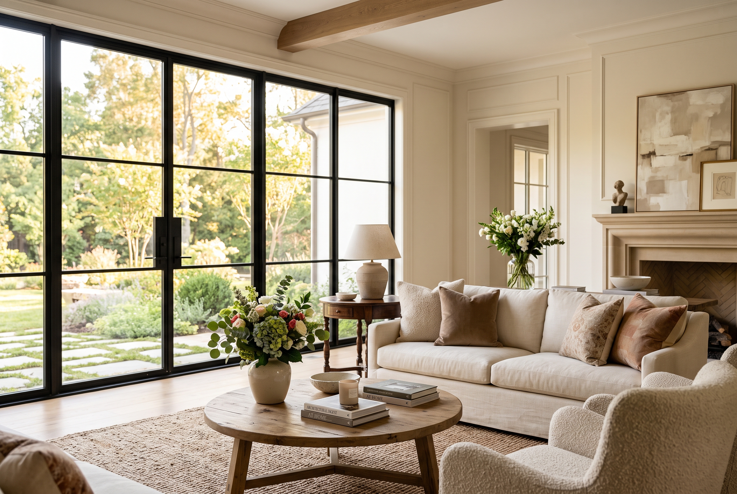 A bright, open-concept living room in a Florida home, with tall windows and natural light