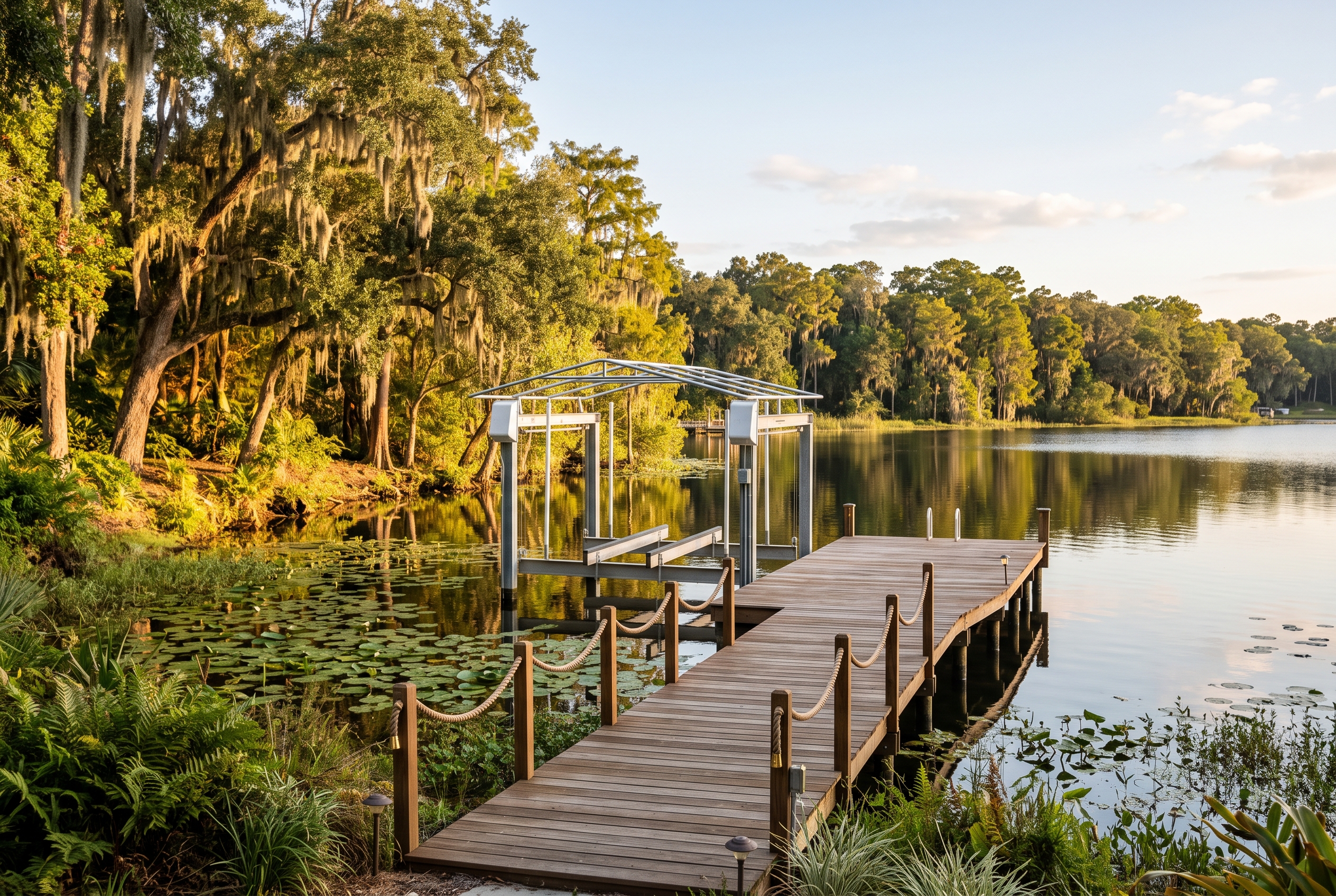 A private wooden dock and boat lift on a calm, clear Florida lake, with mature oak trees along the shoreline