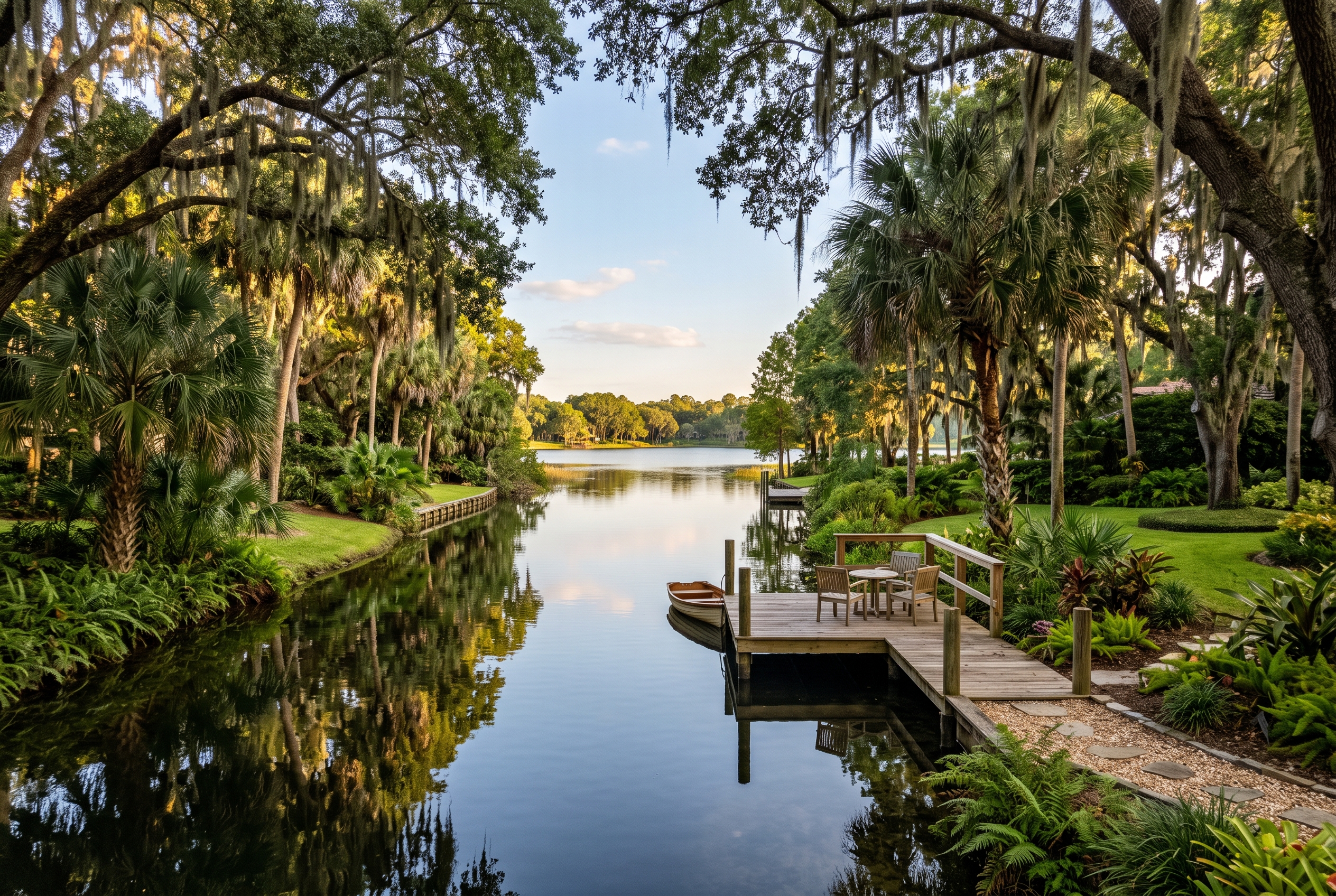 A narrow, tree-lined canal connecting two calm Florida lakes, with overhanging oaks and a small wooden dock