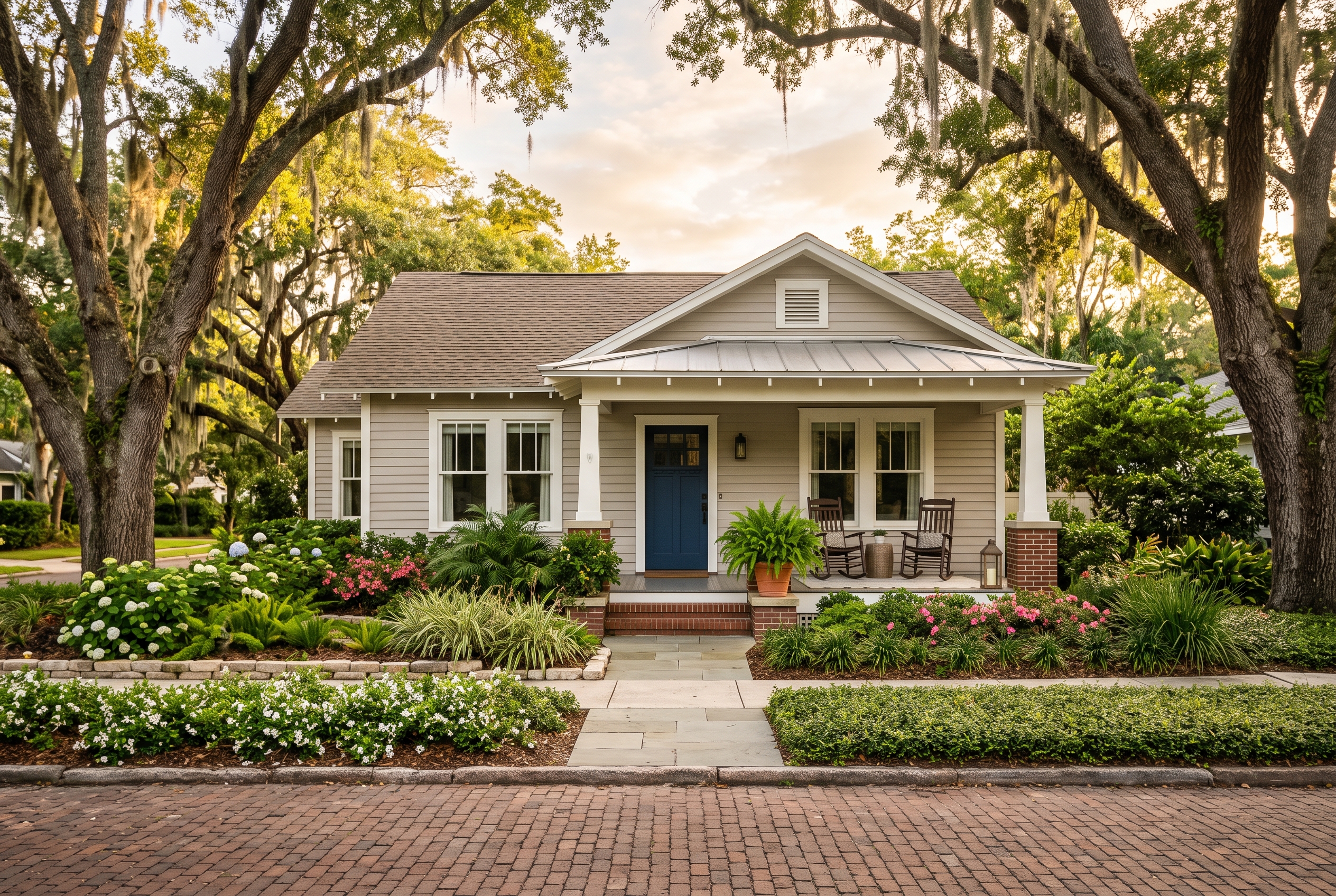 A handsome historic cottage-style home on a brick-paved street under mature oak trees