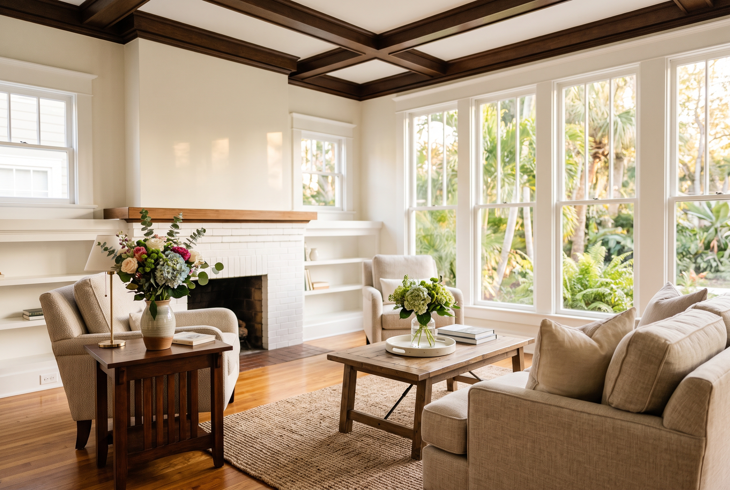 A bright, airy living room in a Craftsman-style Florida home, with tall windows, wood floors, and natural light