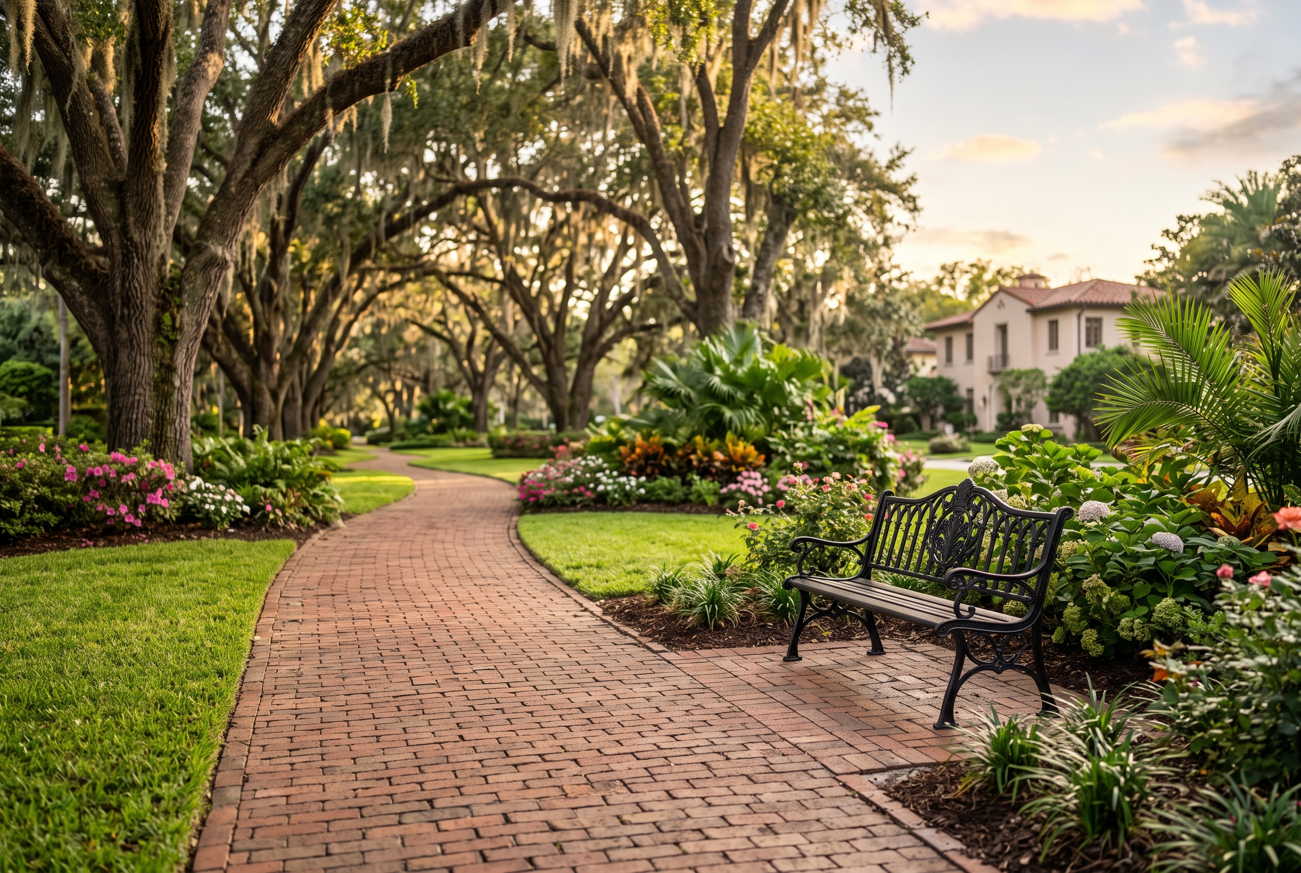 A tree-lined brick pathway in a Florida park at golden hour, with a wrought-iron bench and mature oaks