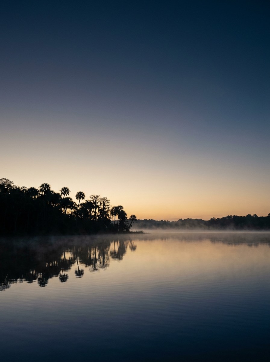 A Central Florida lake at last light — cabbage palms silhouetted along the far shore, mist on still water, a gold horizon under a deep navy sky