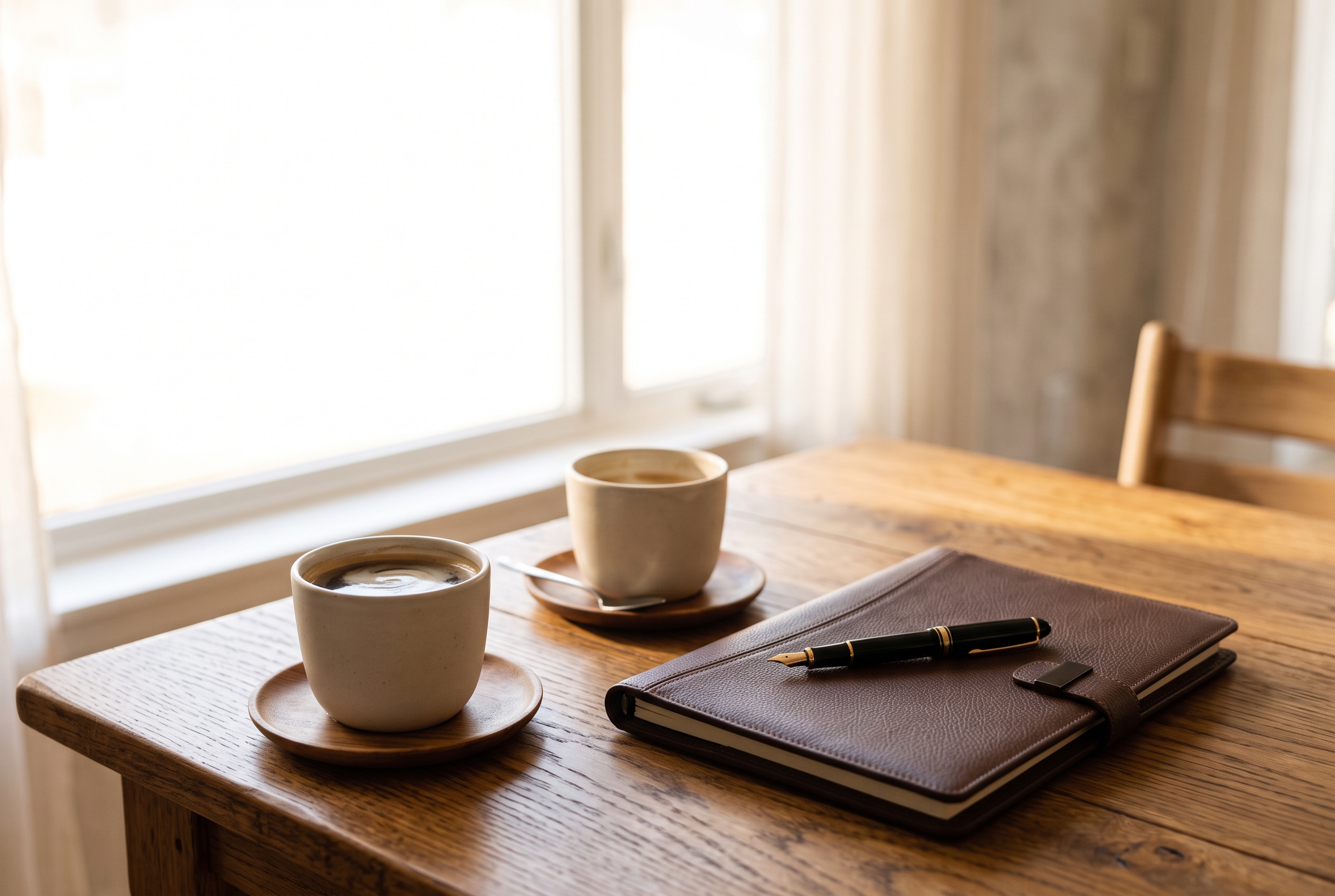 Two coffees, a leather portfolio and a fountain pen on a wooden table by a sunlit window