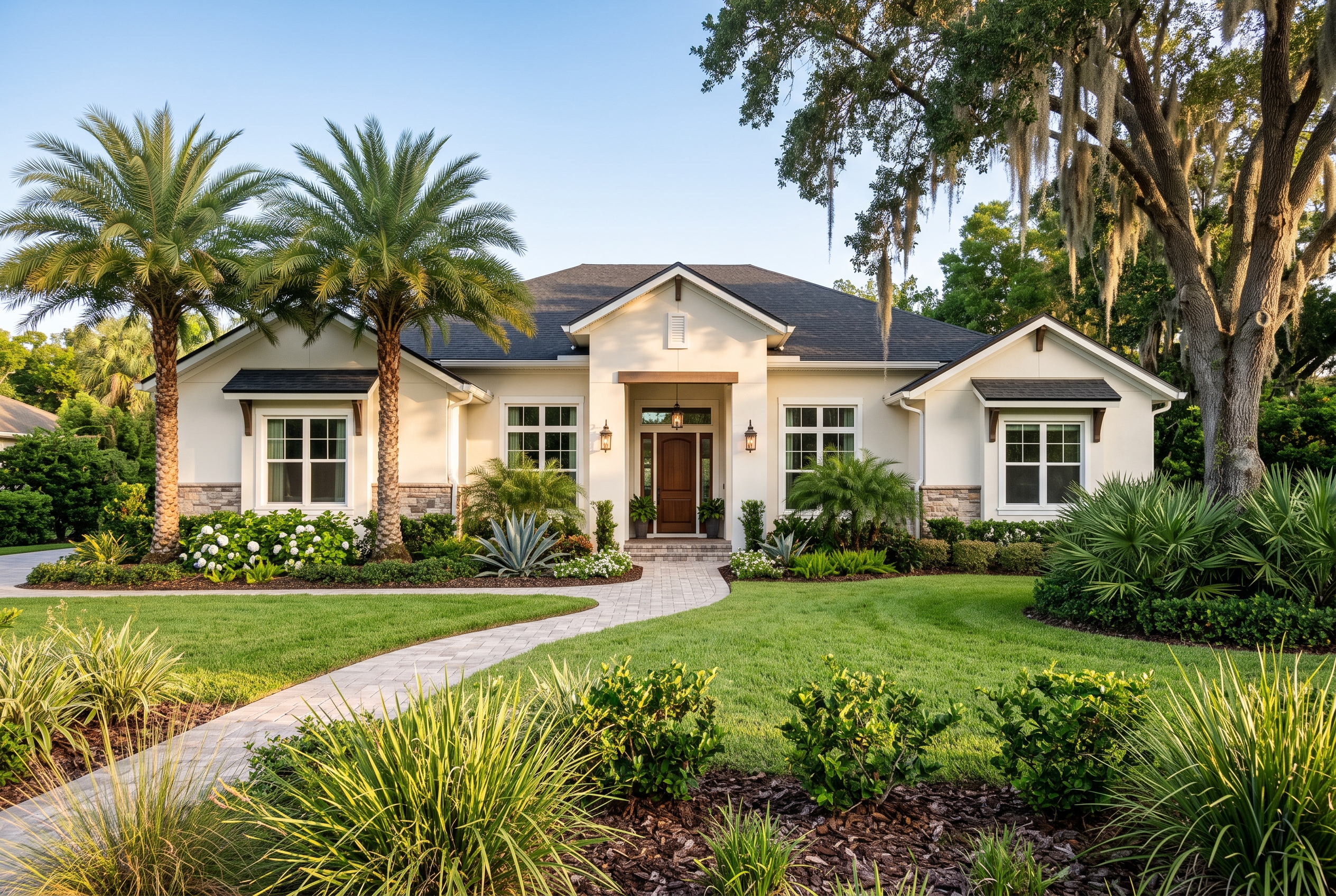 A well-kept single-story Central Florida home in warm afternoon light, with a paver walkway and tidy landscaping