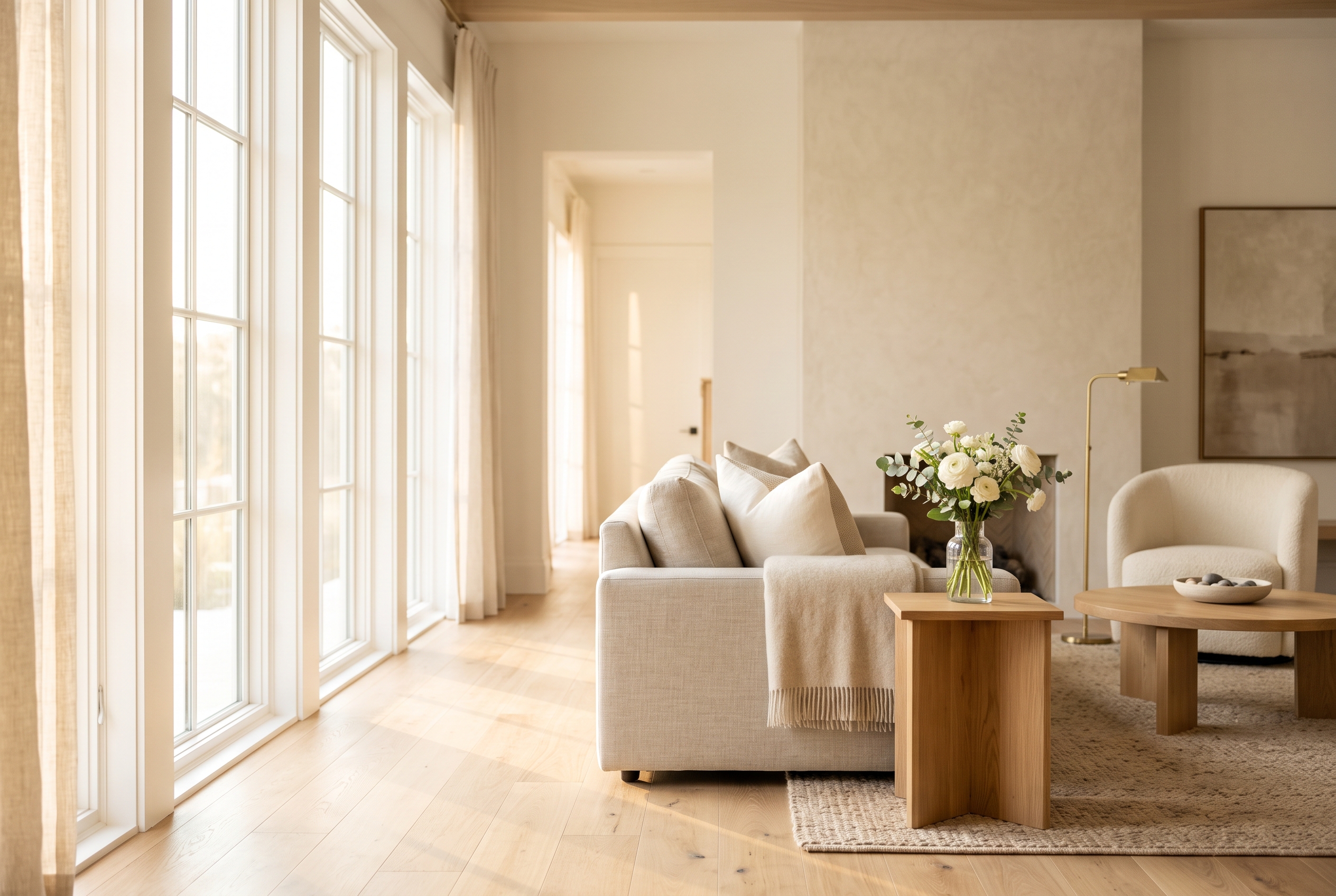 A bright, uncluttered living room in warm natural light