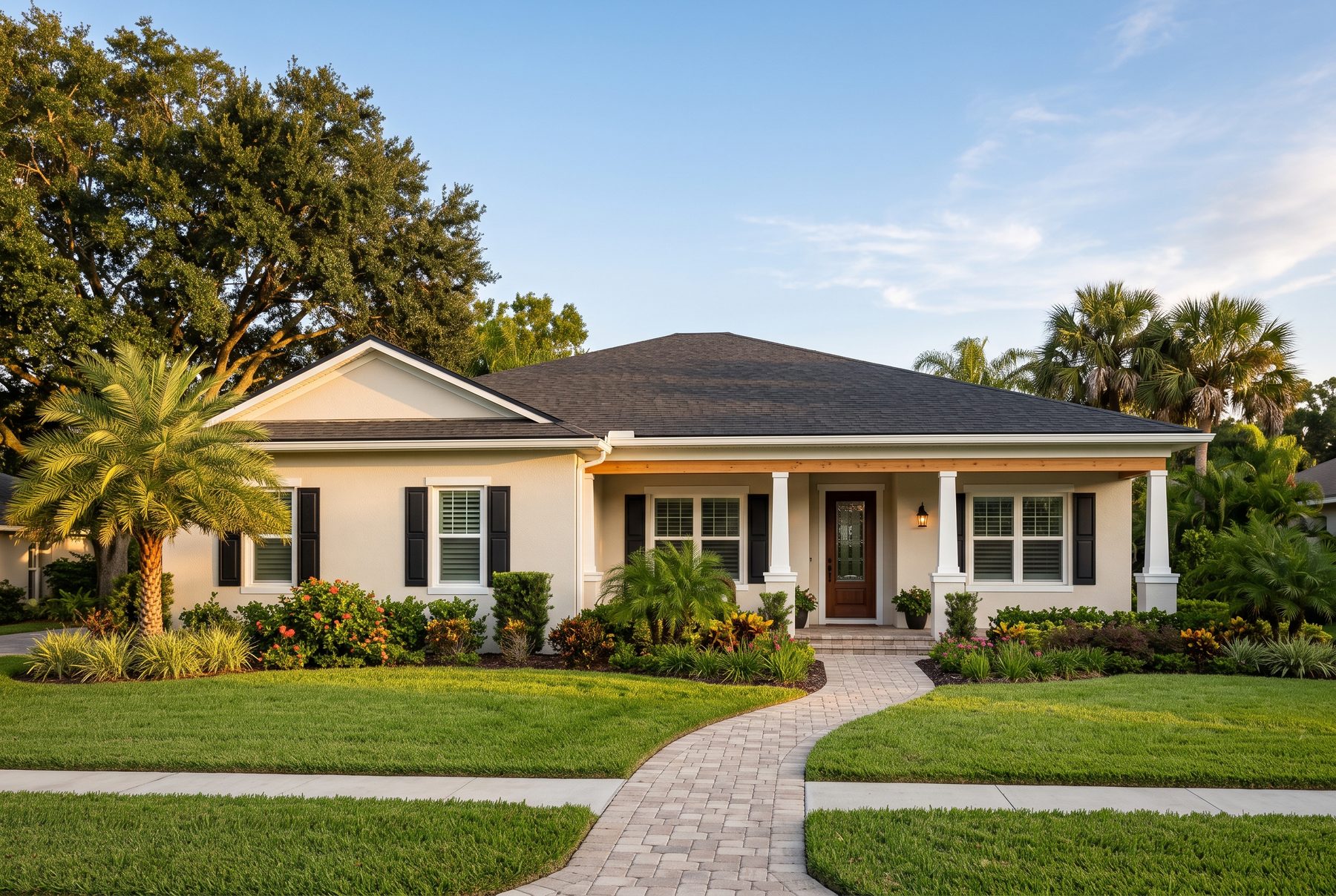 A well-kept single-story Central Florida home in warm afternoon light, with a paver walkway and tidy landscaping