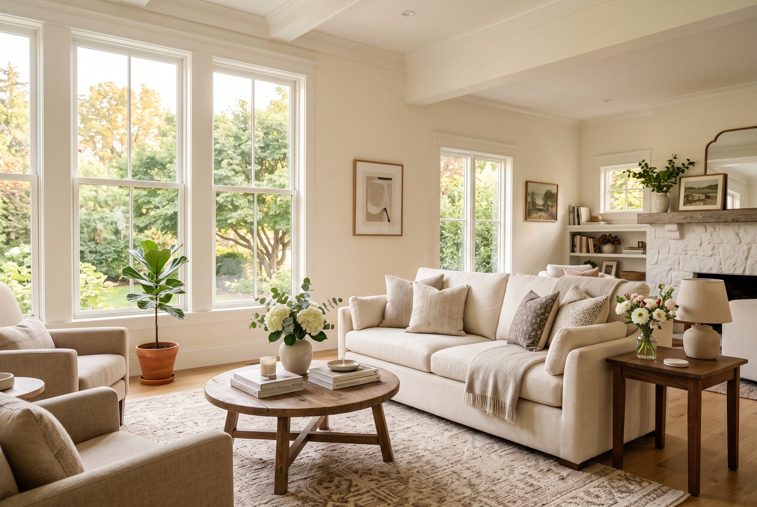 A bright, airy living room full of natural light in a cared-for home