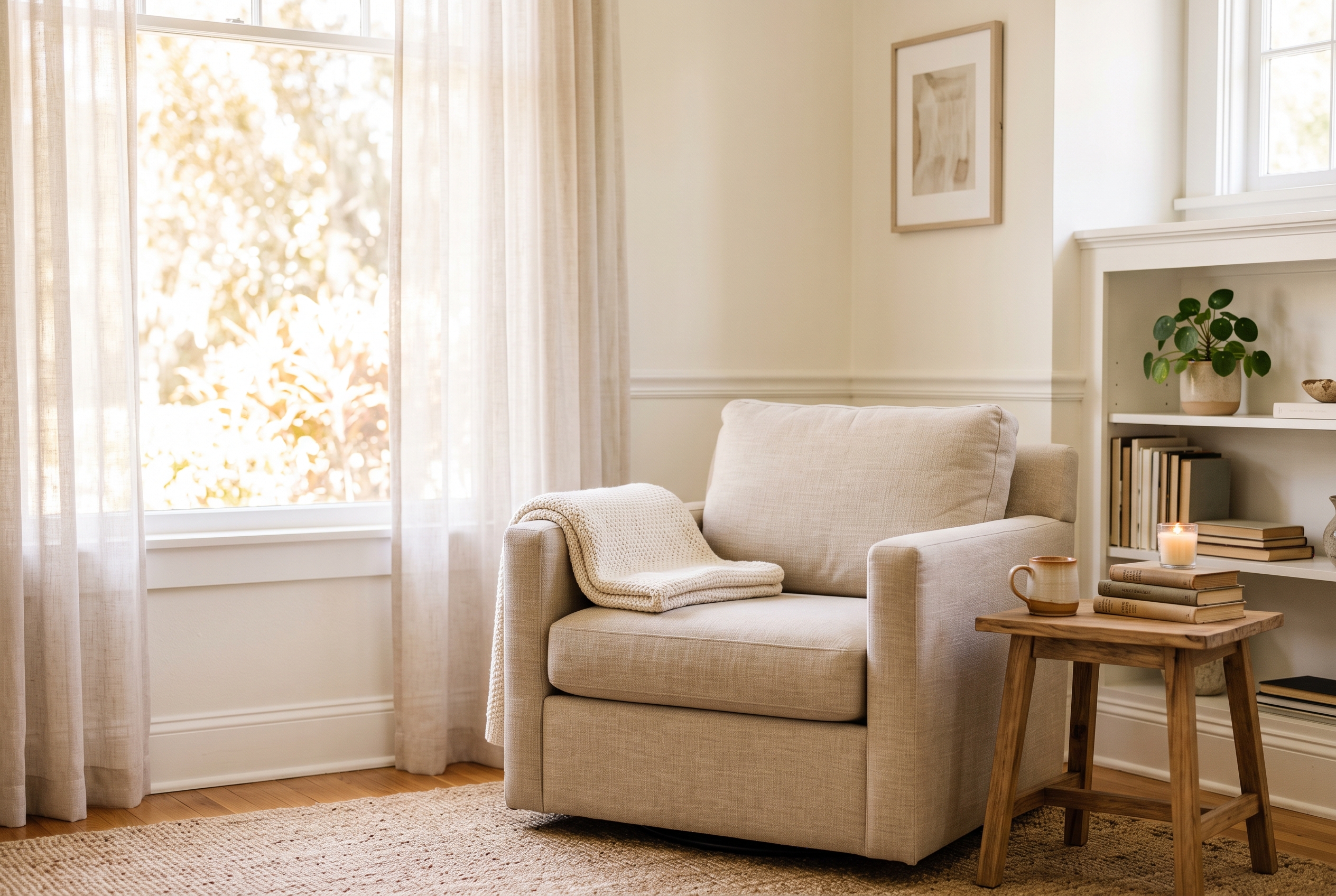 A quiet, sunlit reading chair with a folded throw blanket in a cared-for home