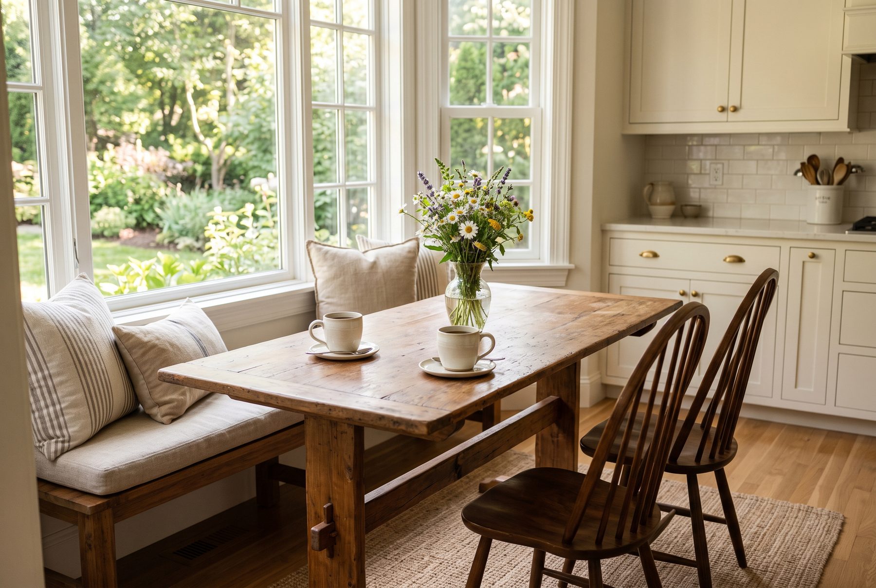 Two cups of coffee and a vase of wildflowers on a wooden table in a sunlit kitchen nook