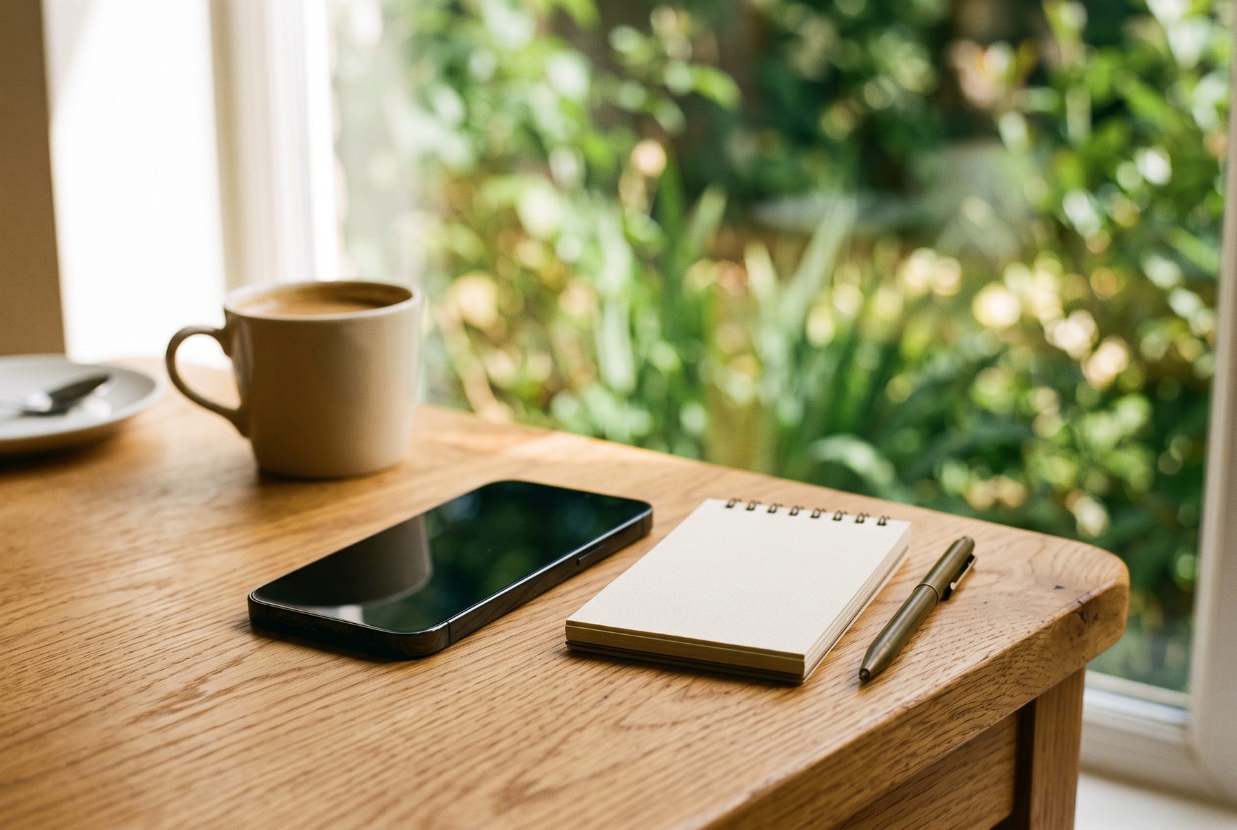 A phone resting screen-down on a warm wood table beside a notepad, pen and coffee near a sunlit window