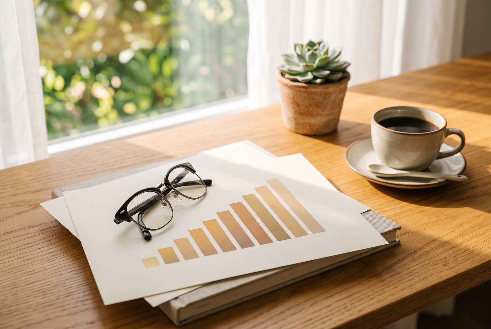 A sunlit desk with printed market-comparison sheets, a laptop showing a pricing trend line, coffee, and reading glasses