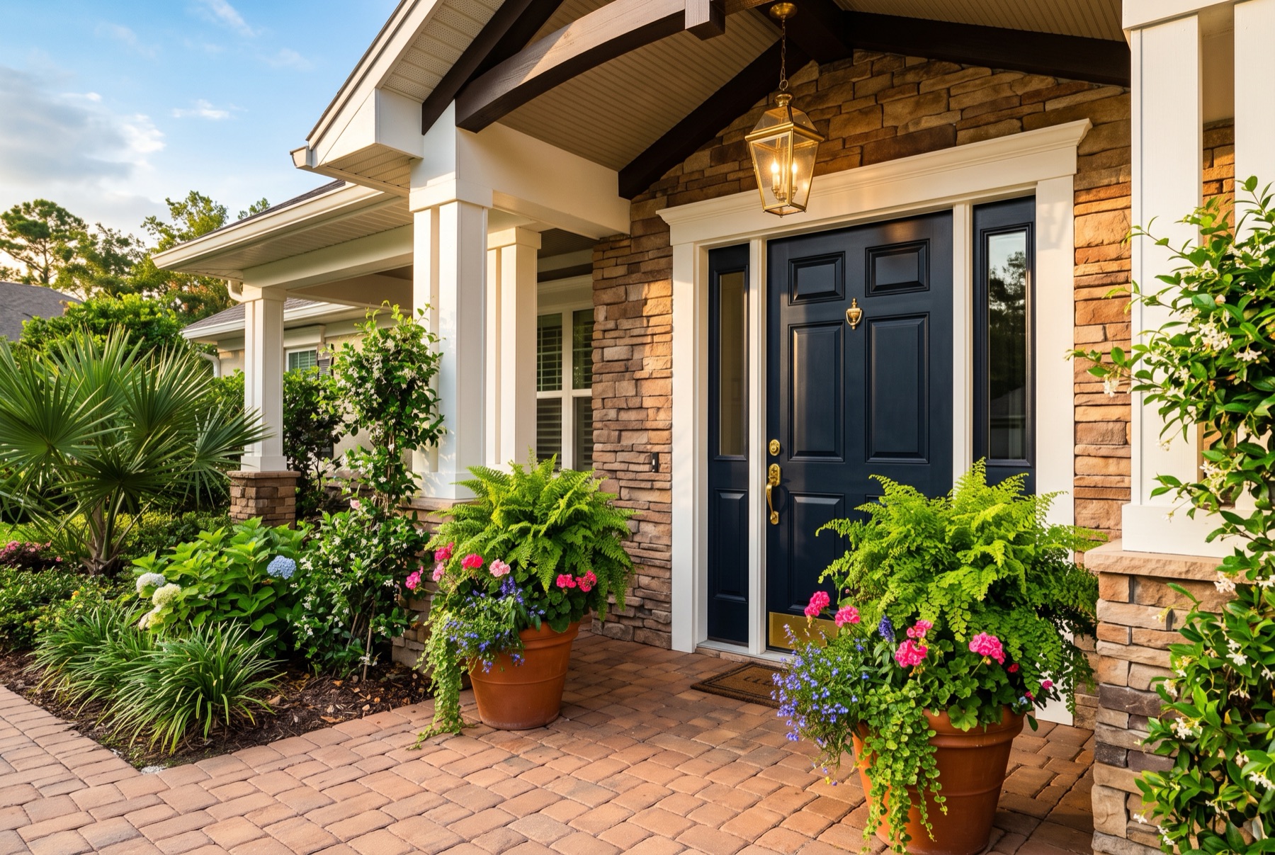 The covered stone entry of a well-kept Central Florida home in warm afternoon light, with a deep navy front door, brass hardware and lantern, and lush potted ferns and flowers along a paver walkway