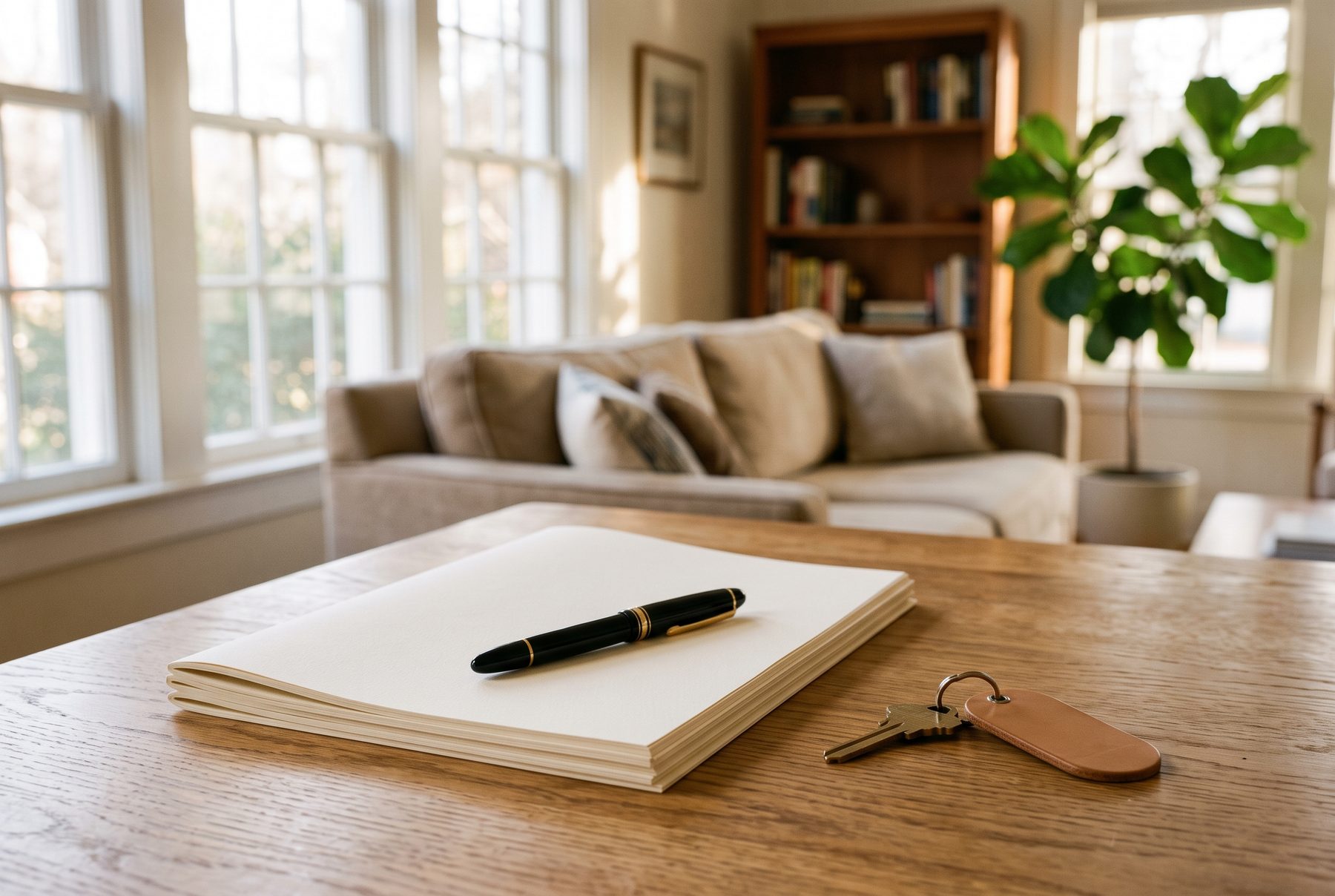 A closed folder of paper, a fountain pen, and a house key with a plain leather tag on a warm wood table in a sunlit living room